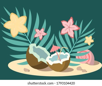 Exotic theme with palm leaf, shell, coconut and flowers. Color triangle: red, yellow, green. Drawing for print, site, presentation, background, souvenir, sticker, greeting card, gift.