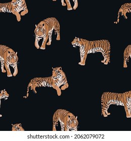 Exotic tiger animal pattern vintage background illustration seamless pattern. Trendy composition beach wallpaper.	