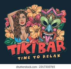 Exotic tiki bar sticker colorful with beautiful girl in bikini and totem from face ancient deity among flowers vector illustration