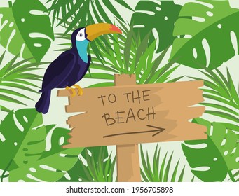 An exotic toucan bird among tropical greenery. A poster, a place for your text with a cartoon-style illustration. Vector, EPS 10.