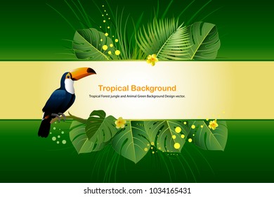 Exotic Toucan Bird, Colorful Hibiscus Flowers Blossom and Tropical Leaves, on green Background. Vector illustration.