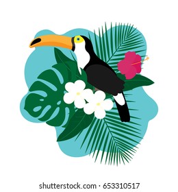 Exotic Toucan Bird, Colorful Hibiscus Flowers Blossom and Tropical Leaves, Isolated on White Background. Vector illustration.