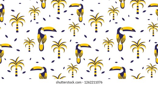 Exotic toucan birds and palm trees seamless pattern for fabric trendy print. Tropical parrot bird vector print fashion background.