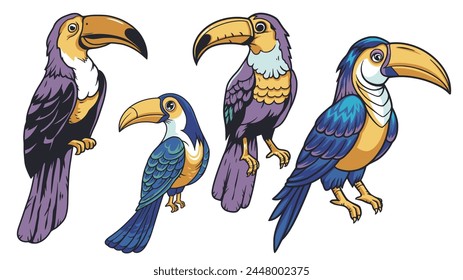 Exotic toucan set or tropical bird collection with big beak and colorful feathers for summer beach design of paradise jungle.
