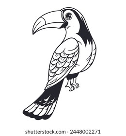 Exotic toucan or tropical bird with big beak and colorful feathers for summer beach design of paradise jungle. Monochrome outline style or black and white lines.