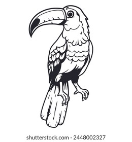 Exotic toucan or tropical bird with big beak and colorful feathers for summer beach design of paradise jungle. Monochrome outline style or black and white lines.