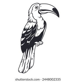 Exotic toucan or tropical bird with big beak and colorful feathers for summer beach design of paradise jungle. Monochrome outline style or black and white lines.