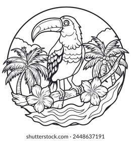 Exotic toucan or tropical bird with big beak and colorful feathers, palm tree and wave for summer beach tee design for t shirt print. Paradise jungle. Monochrome outline style, black and white lines.