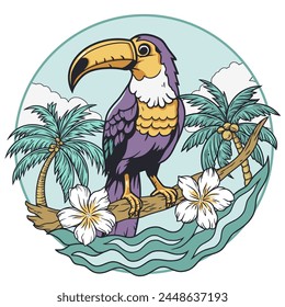 Tucán exótico o pájaro tropical con pico grande y plumas coloridas, palmera y ola para el diseño de camiseta de playa de verano para el estampado de camiseta. Selva del paraíso.