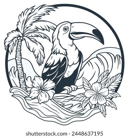 Exotic toucan or tropical bird with big beak and colorful feathers, palm tree and wave for summer beach tee design for t shirt print. Paradise jungle. Monochrome outline style, black and white lines.