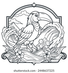 Exotic toucan or tropical bird with big beak and colorful feathers, palm tree and wave for summer beach tee design for t shirt print. Paradise jungle. Monochrome outline style, black and white lines.