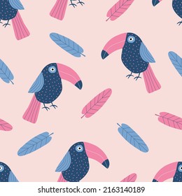 Exotic toucans and colorful leaves hand drawn vector illustration. Funny tropical bird in flat style. Seamless pattern for kids fabric.