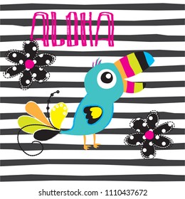 exotic touchan bird with flowers on striped background vector illustration