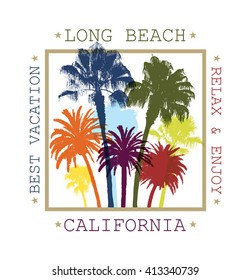 Exotic Travel Background with Palm Trees for Long Beach, California. Summer Print for T-Shirt.