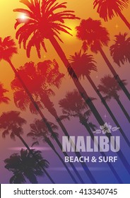 Exotic Travel Background with Palm Trees for Malibu, California. Summer Print for T-Shirt.