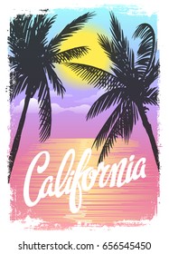 Exotic Travel Background with Palm Trees. Summer Print for T-Shirt.