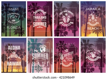 Exotic Travel Backgrounds with Palm Trees. Vector Set of Banners.