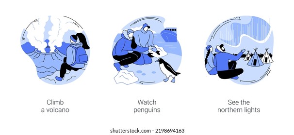 Exotic travel destination isolated cartoon vector illustrations set. Climb a volcano, watching a volcanic eruption, see penguins, trip to Antarctica, northern lights adventure tour vector cartoon.