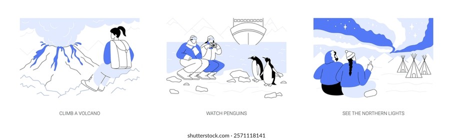 Exotic travel destination isolated cartoon vector illustrations set. Climb a volcano, watching a volcanic eruption, see penguins, trip to Antarctica, northern lights adventure tour vector cartoon.