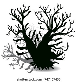 Exotic Tree Silhouette (black, night) on white background, vector
