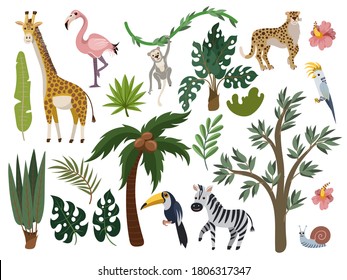 Exotic trees and animals for kids interior or fabric isolated. Vector baby print.