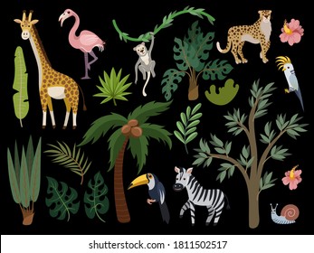 Exotic trees and animals for kids interior or fabric isolated. Vector baby print