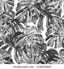 Exotic Trees. Seamless Pattern with Australian Jungle. Vintage Black and White Texture for Dress, Swimwear, Cloth. Vector Tropical Pattern.