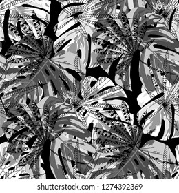 Exotic Trees. Seamless Pattern with Australian Jungle. Retro Black and White Texture for Paper, Wallpaper, Textile. Vector Tropical Pattern.
