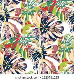 Exotic Trees. Seamless Pattern with Australian Rainforest. Vintage Colorful Texture for Print, Swimwear, Underwear. Vector Tropical Pattern.