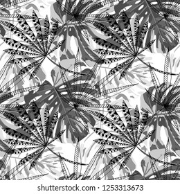 Exotic Trees. Seamless Pattern with Brasilian Rainforest. Retro Black and White Texture for Print, Swimwear, Underwear. Vector Tropical Pattern.