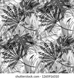 Exotic Trees. Seamless Pattern with Brasilian Jungle. Vintage Black and White Texture for Print, Textile, Linen. Vector Tropical Pattern.