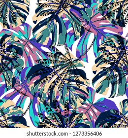 Exotic Trees. Seamless Pattern with Brasilian Jungle. Vintage Colorful Texture for Paper, Swimwear, Textile. Vector Tropical Pattern.