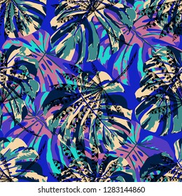 Exotic Trees. Seamless Pattern with Brasilian Jungle. Trendy Colorful Texture for Dress, Swimwear, Cloth. Vector Tropical Pattern.
