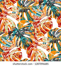 Exotic Trees. Seamless Pattern with Brasilian Jungle. Retro Colorful Texture for Paper, Wallpaper, Textile. Vector Tropical Pattern.