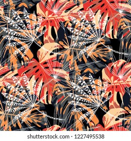 Exotic Trees. Seamless Pattern with Hawaiian Rainforest. Trendy Colorful Texture for Dress, Curtain, Cloth. Vector Tropical Pattern.