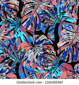 Exotic Trees. Seamless Pattern with Hawaiian Jungle. Modern Colorful Texture for Dress, Curtain, Cloth. Vector Tropical Pattern.