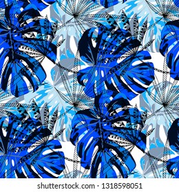 Exotic Trees. Seamless Pattern with Hawaiian Rainforest. Modern Colorful Texture for Dress, Swimwear, Cloth. Vector Tropical Pattern.