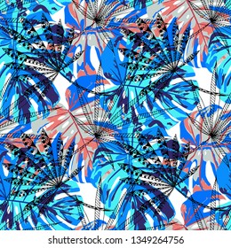 Exotic Trees. Seamless Pattern with Hawaiian Rainforest. Trendy Colorful Texture for Wallpaper, Swimwear, Underwear. Vector Tropical Pattern.