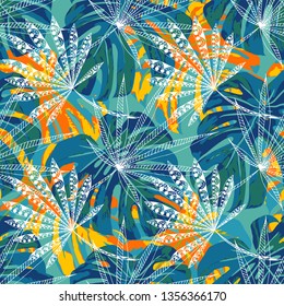 Exotic Trees. Seamless Pattern with Hawaiian Rainforest. Retro Colorful Texture for Print, Textile, Underwear. Vector Tropical Pattern.