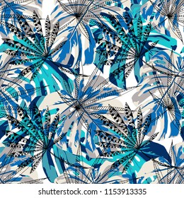 Exotic Trees. Seamless Pattern with Indian Rainforest. Vintage Colorful Texture for Wallpaper, Swimwear, Underwear. Vector Tropical Pattern.