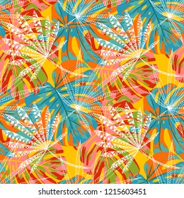 Exotic Trees. Seamless Pattern with Indian Rainforest. Retro Colorful Texture for Dress, Swimwear, Cloth. Vector Tropical Pattern.