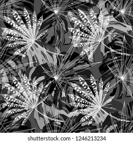 Exotic Trees. Seamless Pattern with Indian Rainforest. Modern Black and White Texture for Paper, Swimwear, Cloth. Vector Tropical Pattern.