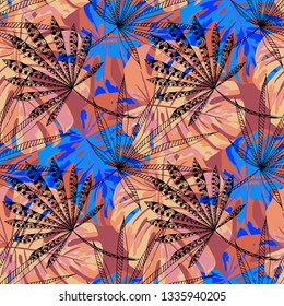 Exotic Trees. Seamless Pattern with Indian Jungle. Vintage Colorful Texture for Fabric, Textile, Linen. Vector Tropical Pattern.