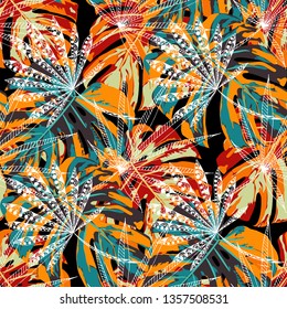 Exotic Trees. Seamless Pattern with Indian Jungle. Vintage Colorful Texture for Print, Swimwear, Underwear. Vector Tropical Pattern.