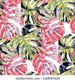 Exotic Trees. Seamless Pattern with Indonesian Jungle. Vintage Colorful Texture for Print, Textile, Underwear. Vector Tropical Pattern.
