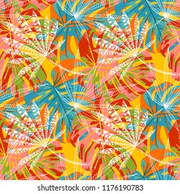 Exotic Trees. Seamless Pattern with Indonesian Rainforest. Vintage Colorful Texture for Print, Textile, Underwear. Vector Tropical Pattern.