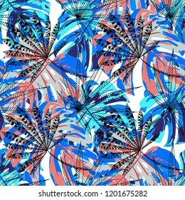 Exotic Trees. Seamless Pattern with Indonesian Rainforest. Vintage Colorful Texture for Paper, Swimwear, Cloth. Vector Tropical Pattern.
