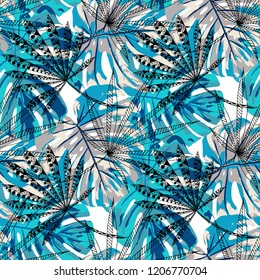 Exotic Trees. Seamless Pattern with Indonesian Rainforest. Vintage Colorful Texture for Fabric, Textile, Linen. Vector Tropical Pattern.