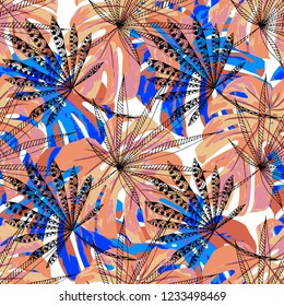 Exotic Trees. Seamless Pattern with Indonesian Rainforest. Modern Colorful Texture for Paper, Wallpaper, Textile. Vector Tropical Pattern.