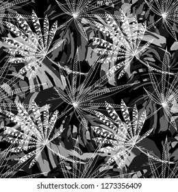 Exotic Trees. Seamless Pattern with Indonesian Jungle. Trendy Black and White Texture for Fabric, Textile, Linen. Vector Tropical Pattern.